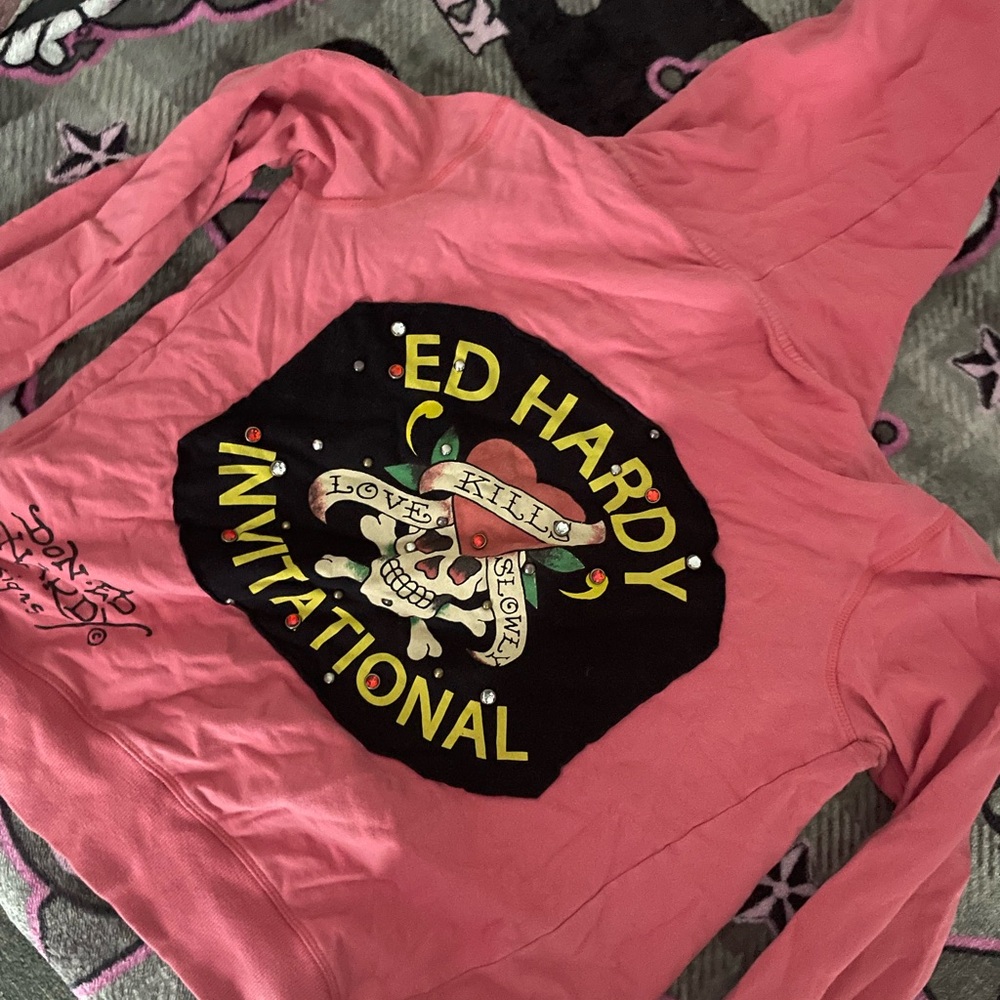 Ed Hardy Pink Hoodie with Skull Graphic